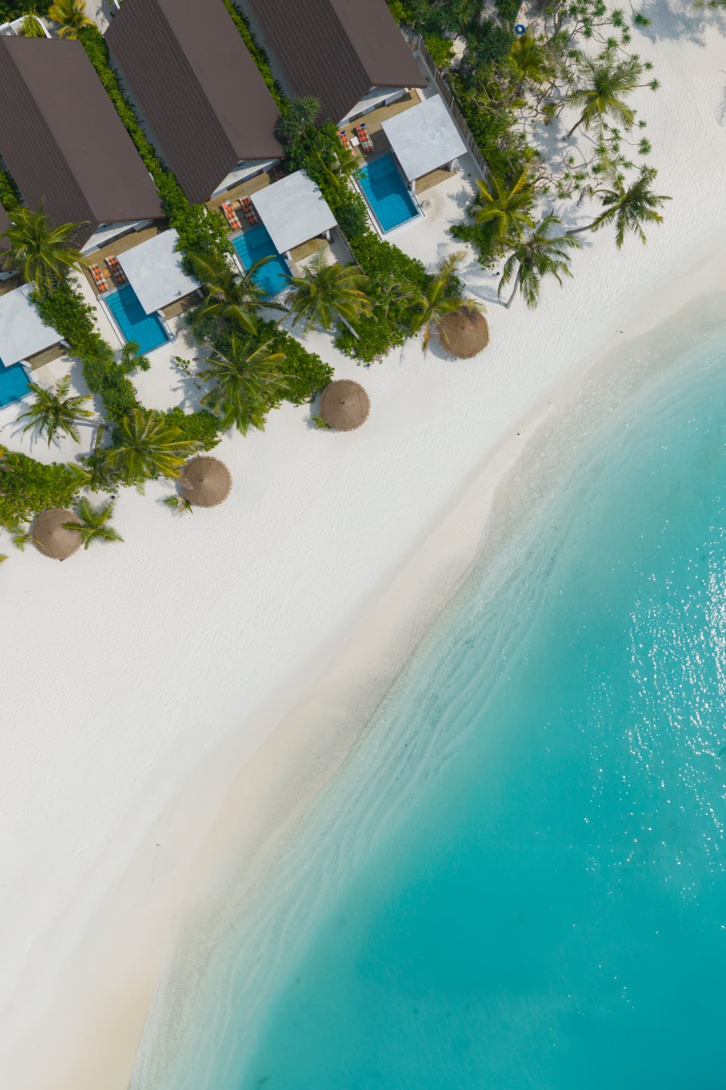 Beach villas and their private pools along the shoreline, from directly above